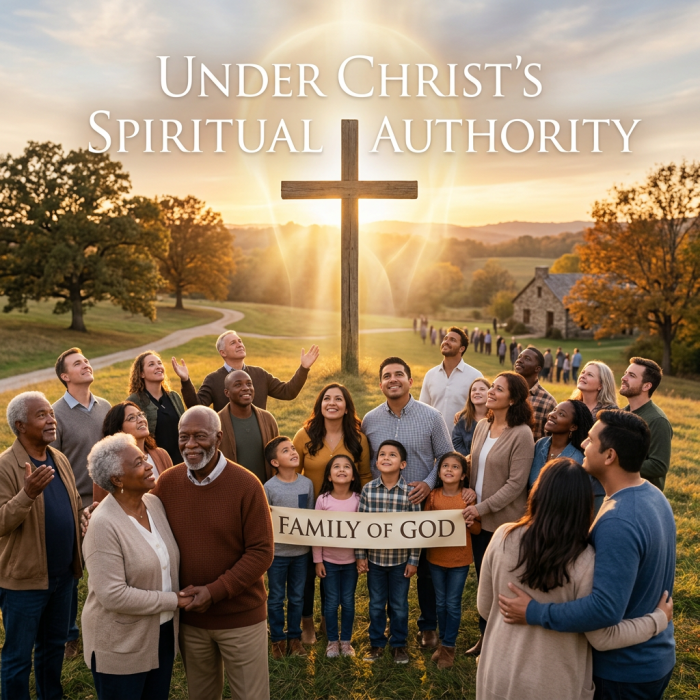 Diverse family beneath a cross with text: Under Christ’s Spiritual Authority; Family of God
